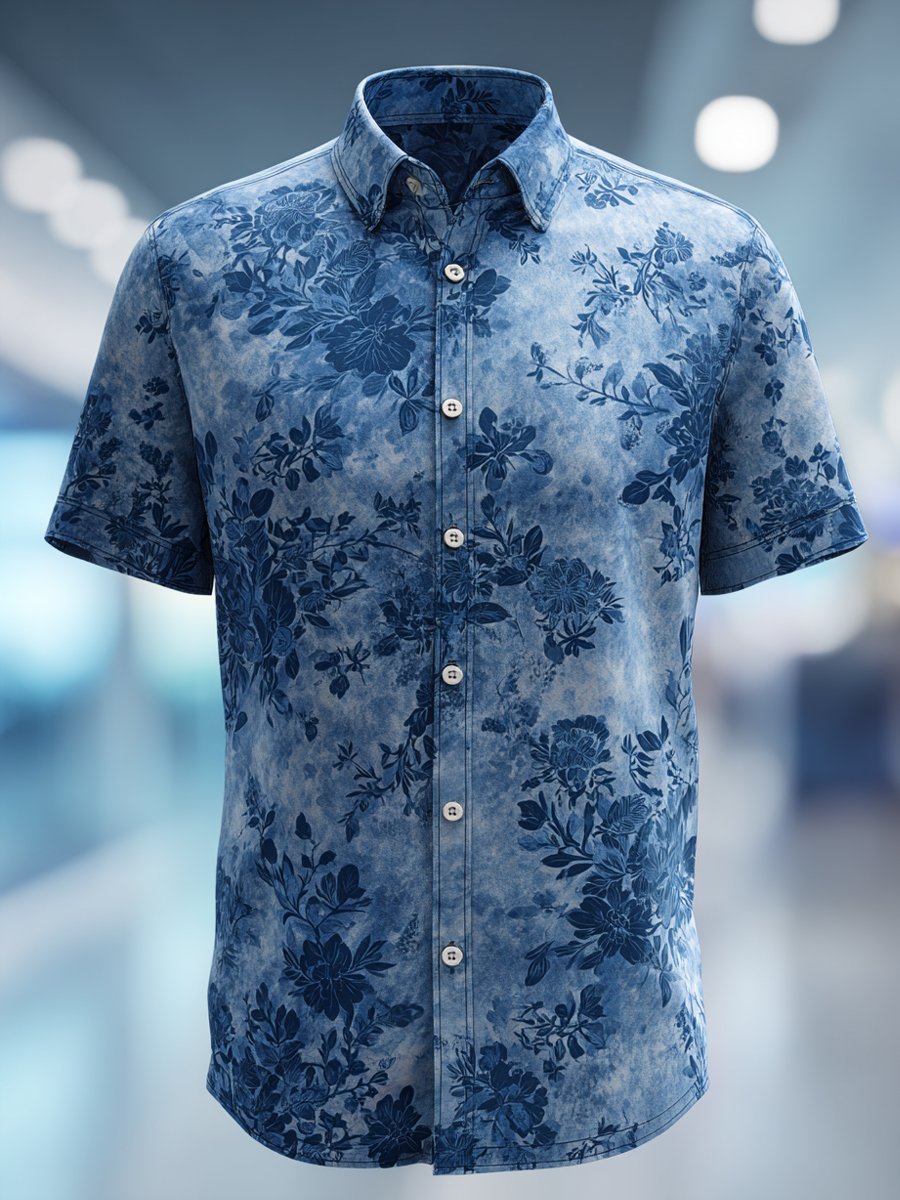 Men's Business Casual Floral Graphic Lapel Short Sleeve Shirt