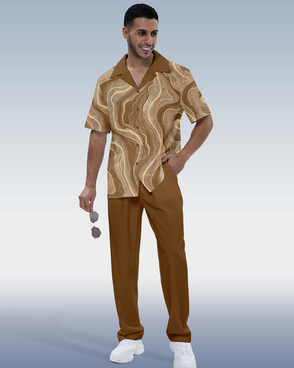 Rianmond Men's Coffee Print Short Sleeve Shirt Walking Set 376