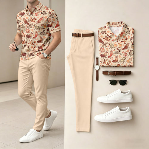 Men's Casual Apricot-Colored Animals Printed Polo Shirt And Pants Two-Piece Set