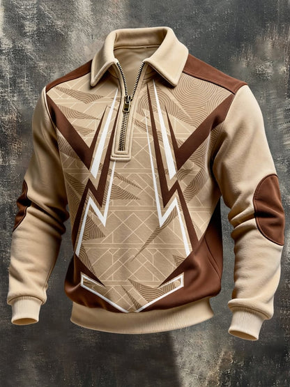 Men's Retro Color Block Print Color-Blocked Zip-Up Sweatshirt