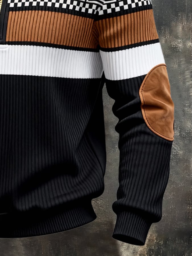 Men's Retro Color Block Print Zipper Sweatshirt