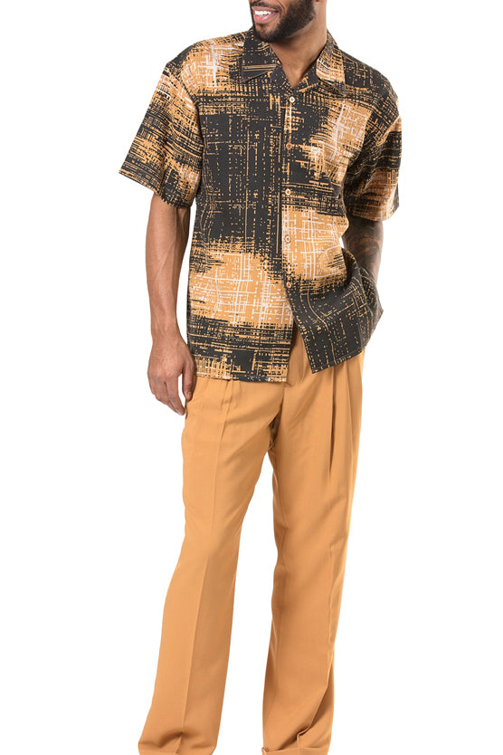 Men's Colorblock Printed  Short Sleeve Shirt Pants Walking Suit 002
