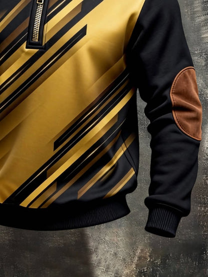 Men's Retro Color Block Print Color-Blocked Zip-Up Sweatshirt