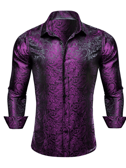 Men's Casual Purple Shiny Paisley Long Sleeve Shirt for Party