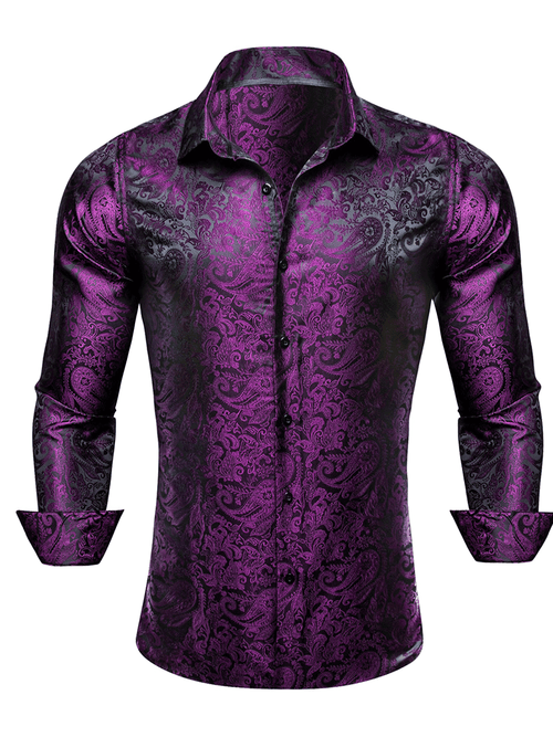 Men's Casual Purple Shiny Paisley Long Sleeve Shirt for Party