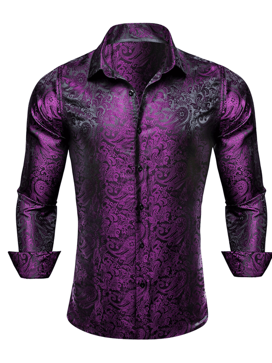 Men's Casual Purple Shiny Paisley Long Sleeve Shirt for Party