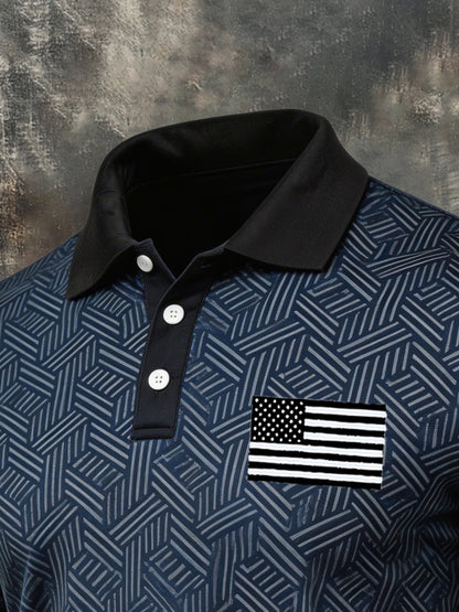 Men's Retro Patriotic Color-Block Short-Sleeve Polo Shirt