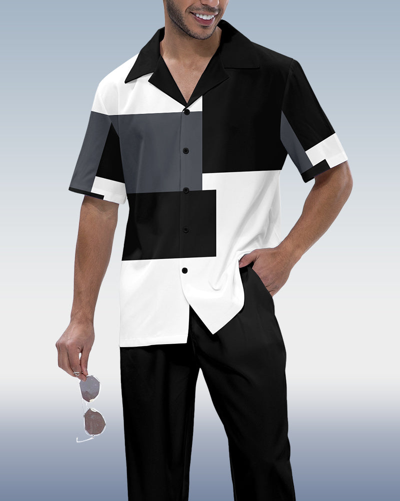 Men's Color Block Luxury Printed Short Sleeve Shirt Walking Set 1015