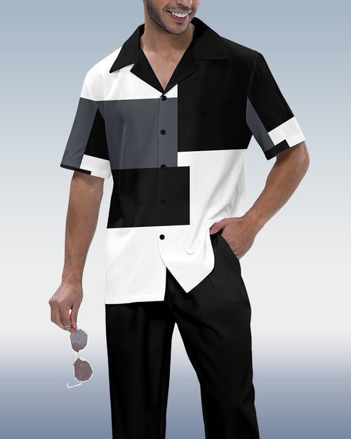 Men's Color Block Luxury Printed Short Sleeve Shirt Walking Set 1015