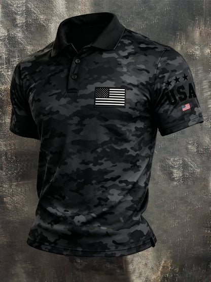 Men's Retro Patriot Color Block Polo Collar Short Sleeve