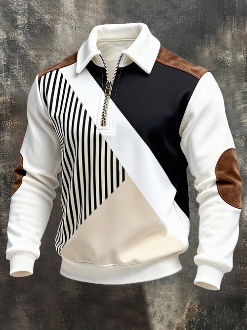 Men's Retro Color Block Print Zipper Sweatshirt