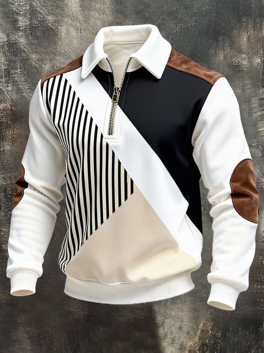 Men's Retro Color Block Print Zipper Sweatshirt