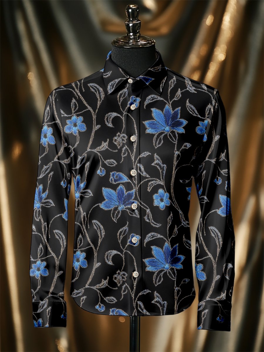Men's Silk Flowers Luxury Business Long Sleeve Shirt
