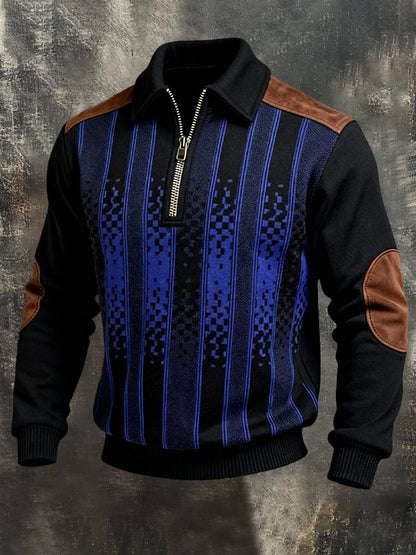 Men's Retro Color Block Print Color-Blocked Zip-Up Sweatshirt