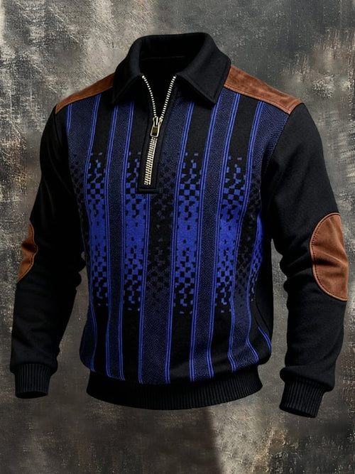 Men's Retro Color Block Print Color-Blocked Zip-Up Sweatshirt