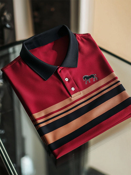Men's Casual Business Stripe Print Button-Down Short Sleeve Polo Shirt