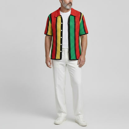 Men's Casual Colorblock Striped Hollow Out Button-Up Short Sleeve Shirt