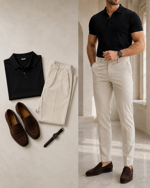 Men's Casual Black Color Matching Short Sleeves Polo Shirt & Jeans Pants Two Piece Set