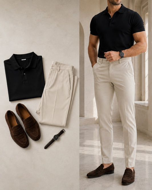 Men's Casual Black Color Matching Short Sleeves Polo Shirt & Jeans Pants Two Piece Set