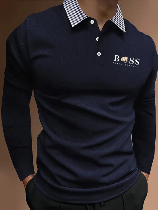 Men's Business Casual Striped Long-Sleeved Polo Shirt