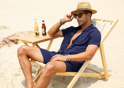 Casual Men's Apricot Vacation Style Shirt & Shorts Set