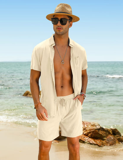 Casual Men's Apricot Vacation Style Shirt & Shorts Set