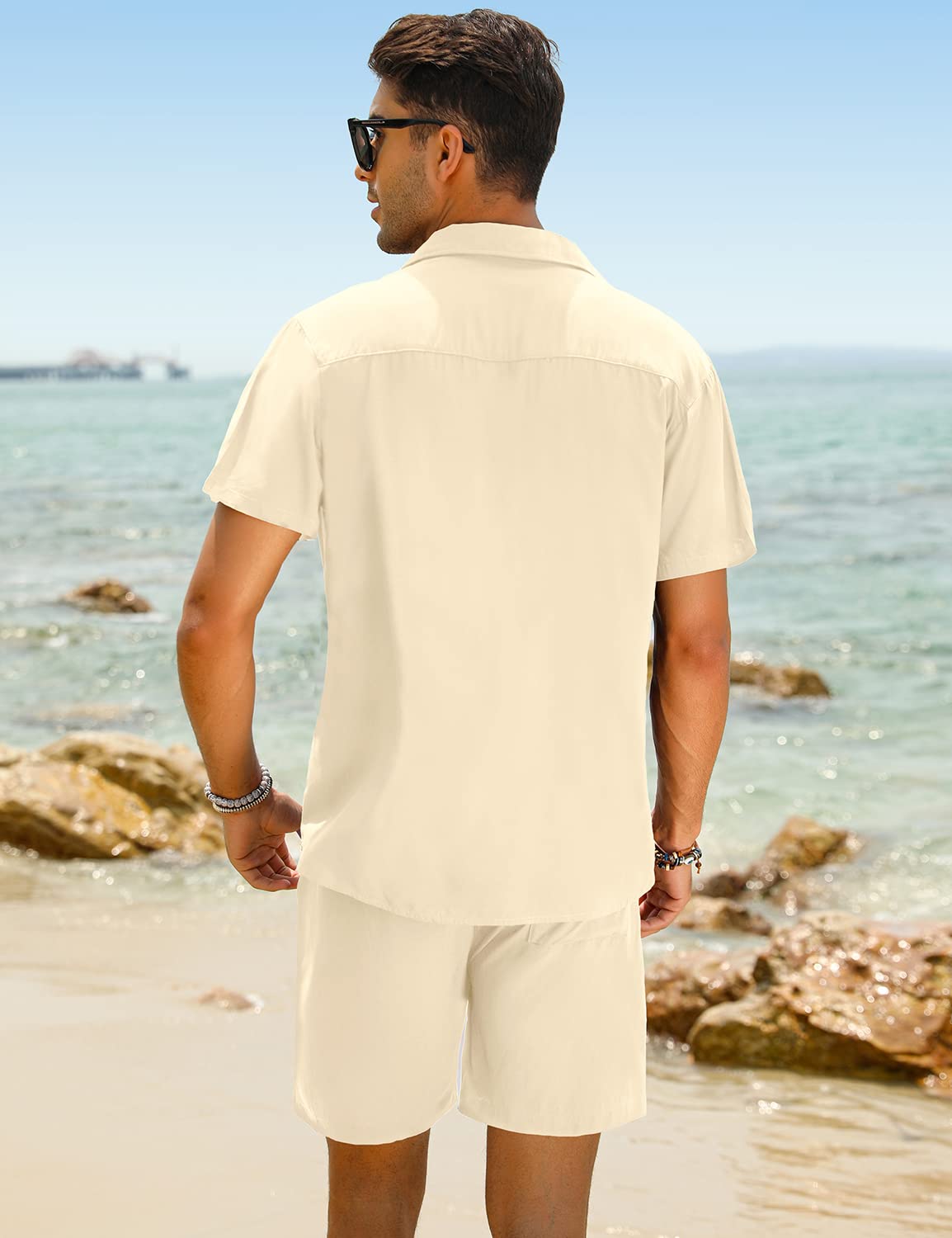 Casual Men's Apricot Vacation Style Shirt & Shorts Set