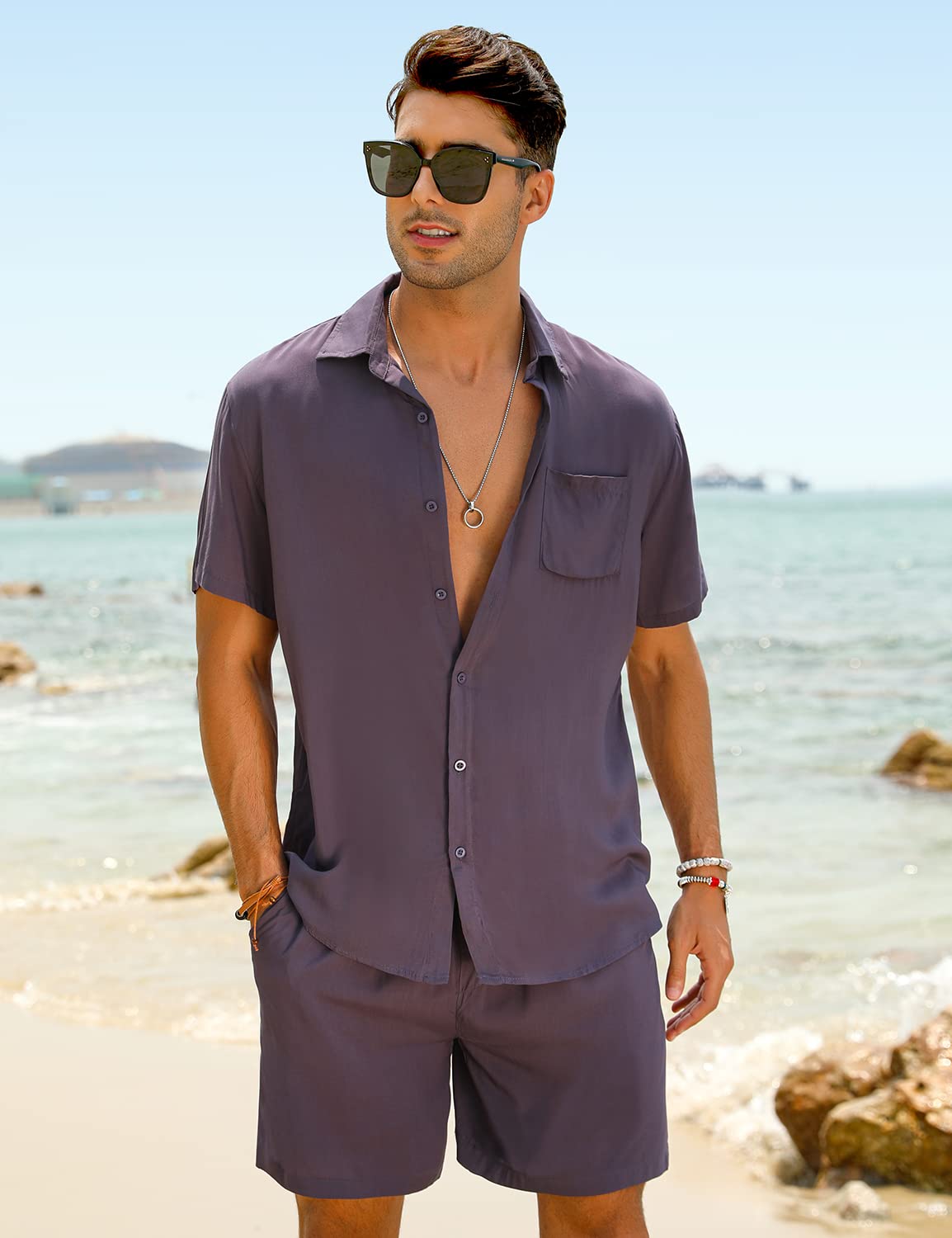 Casual Men's Apricot Vacation Style Shirt & Shorts Set