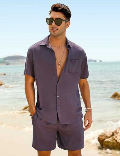 Casual Men's Apricot Vacation Style Shirt & Shorts Set
