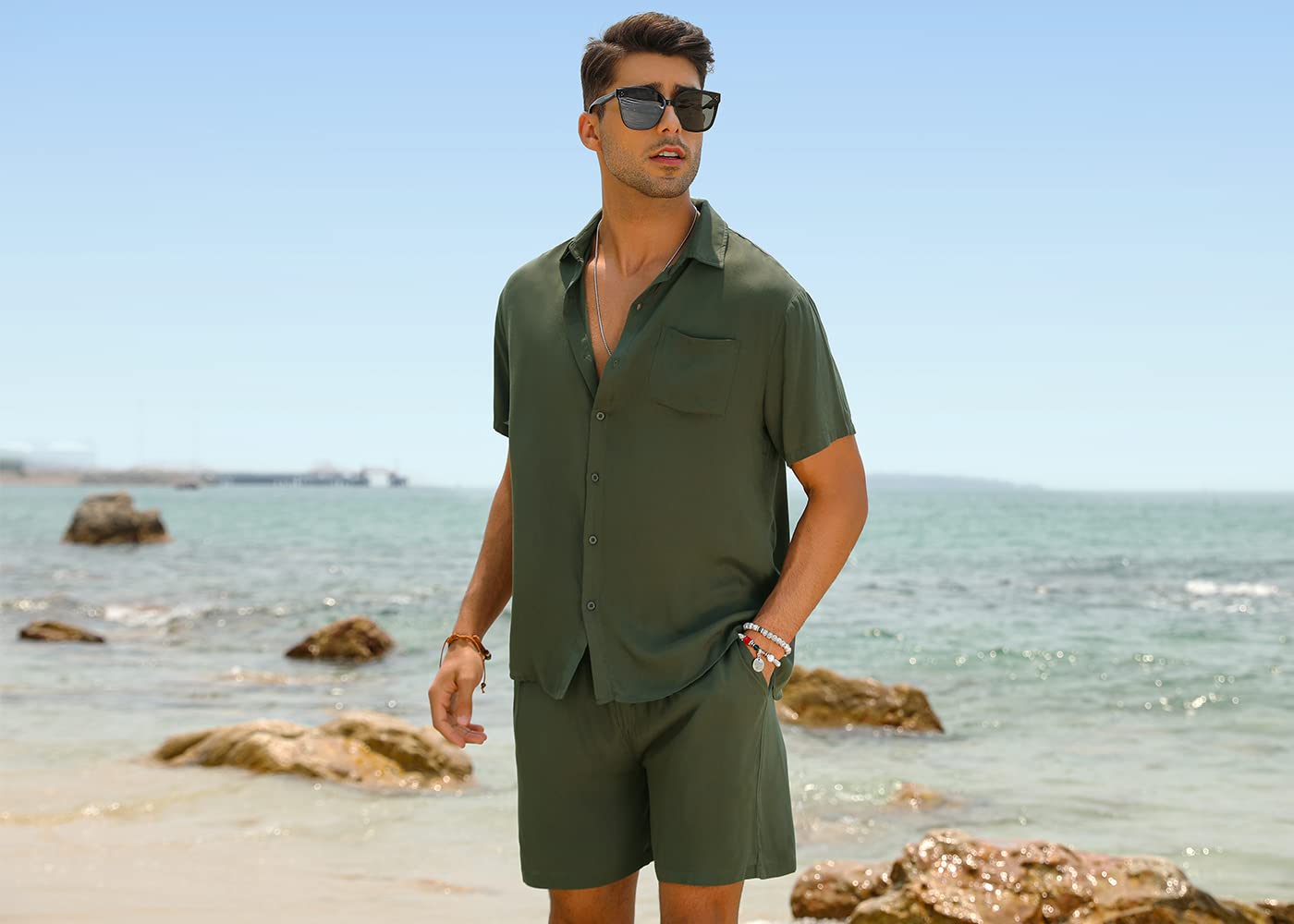 Casual Men's Apricot Vacation Style Shirt & Shorts Set
