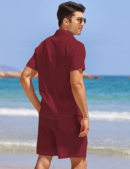 Men's Khaki Linen Drawstring Casual Short Sleeve Shorts Set