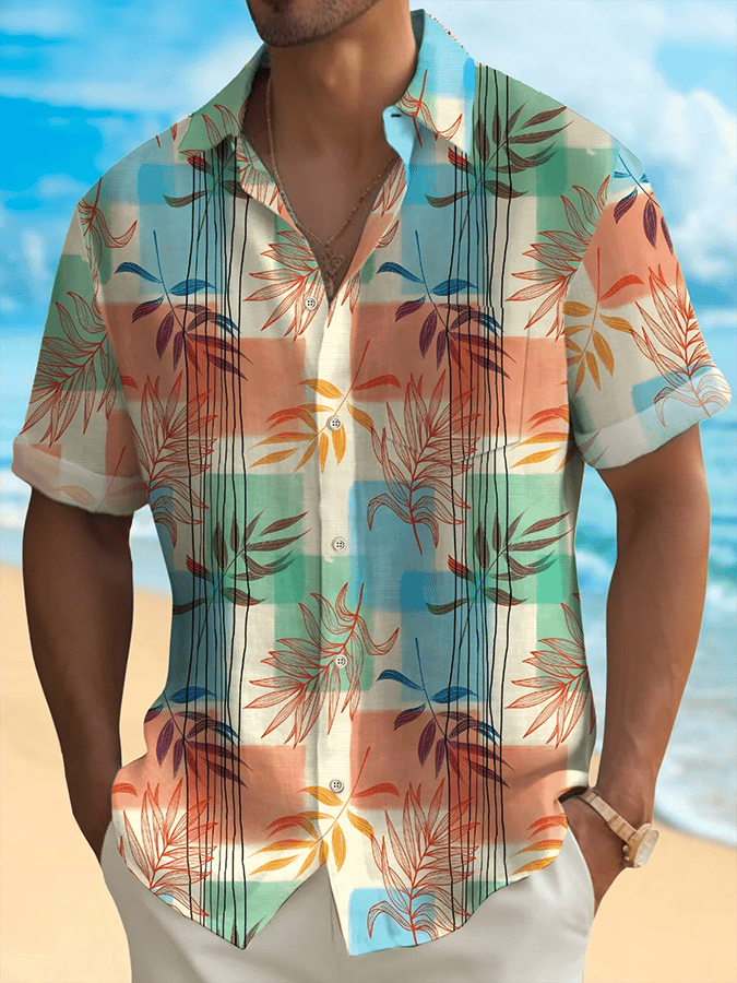 Men's Hawaiian Leaf Print Short Sleeve Pockets Shirt