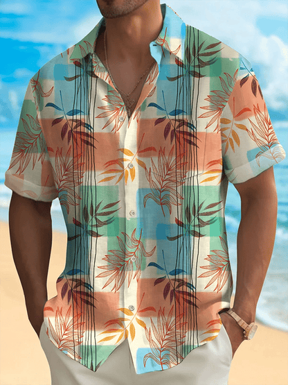 Men's Hawaiian Leaf Print Short Sleeve Pockets Shirt