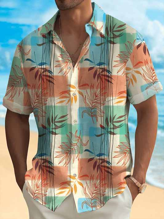 Men's Hawaiian Leaf Print Short Sleeve Pockets Shirt