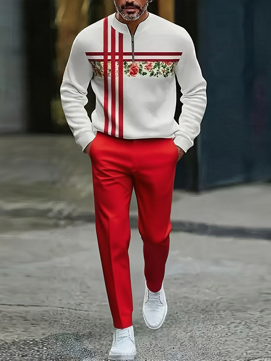 Men's Casual Red & White Color Matching Geometric Printed Round-Neck Zipper Long Sleeved Sweatshirt & Trousers Two-Piece Set