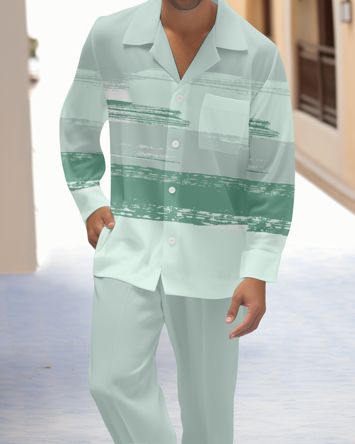 Men's Colorblock Printed Long Sleeve Shirt Casual Walking Suit 1464