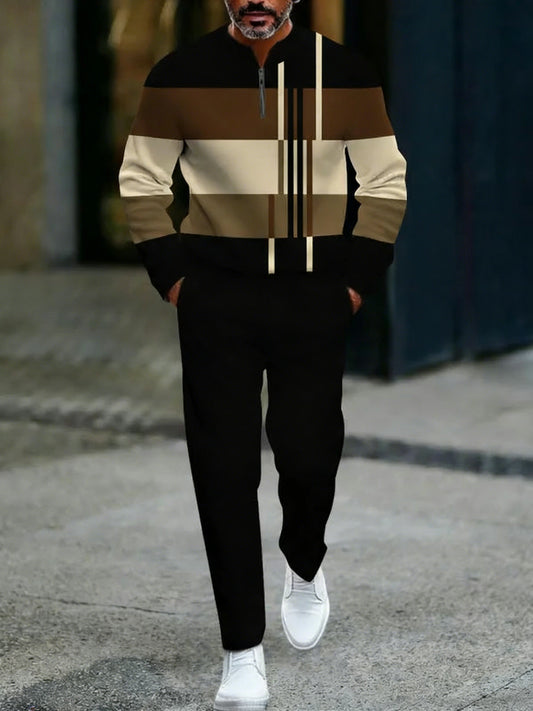 Men's Casual Khaki & Coffee Color Matching Geometric Printed Round-Neck Zipper Long Sleeved Tops & Trousers Two-Piece Set