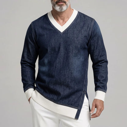 Men's Casual V Neck Contrast Rib Knit Trim Side Split Long Sleeve Denim Sweatshirt