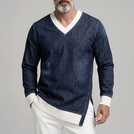Men's Casual V Neck Contrast Rib Knit Trim Side Split Long Sleeve Denim Sweatshirt