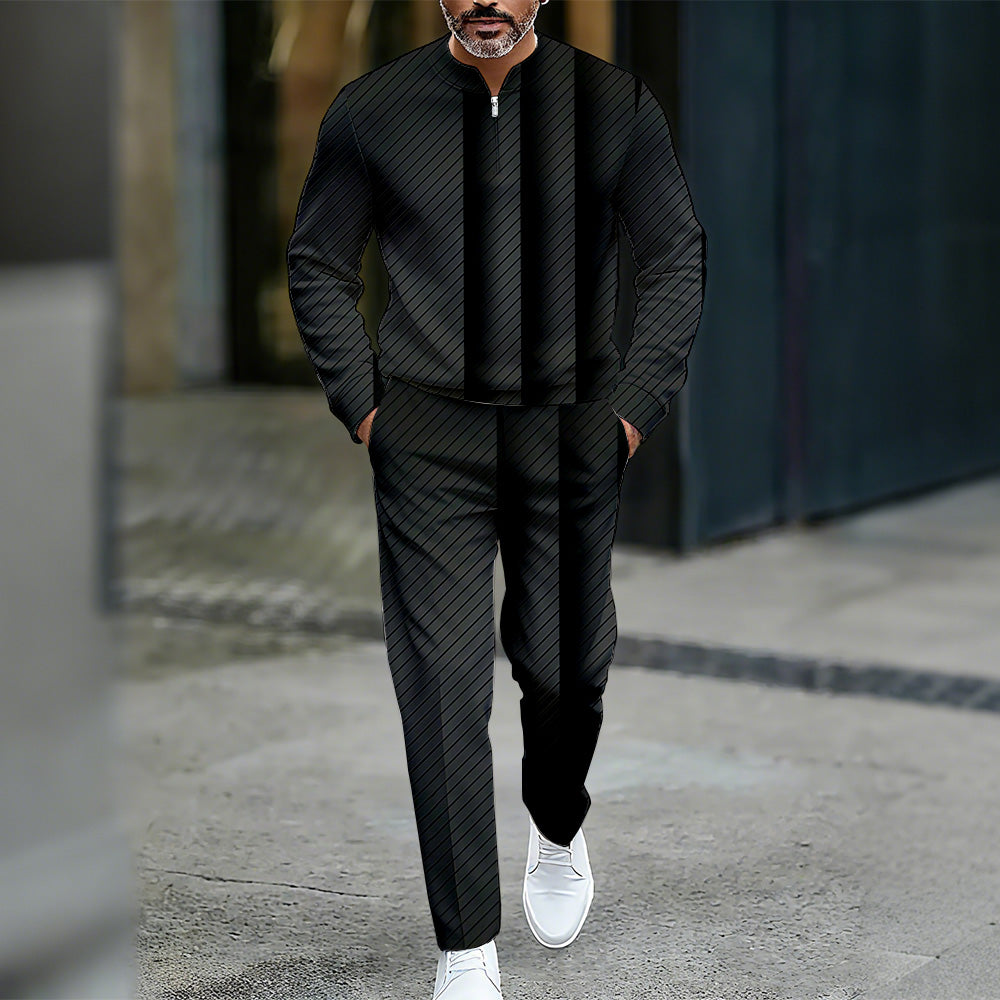 Men's Casual Color Matching Printed Round-Neck Zipper Long Sleeved Trousers Two-Piece Set