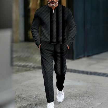 Men's Casual Color Matching Printed Round-Neck Zipper Long Sleeved Trousers Two-Piece Set
