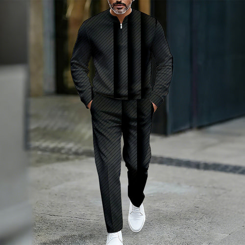 Men's Casual Color Matching Printed Round-Neck Zipper Long Sleeved Trousers Two-Piece Set