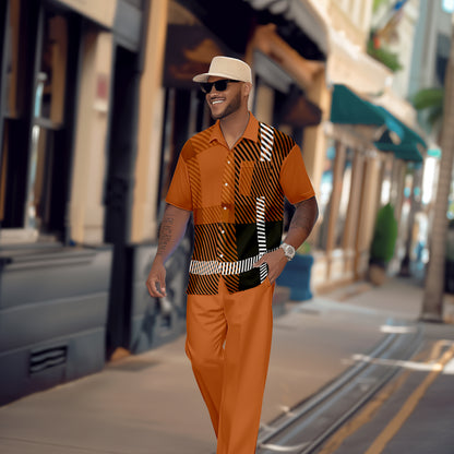 Men's Retro Colorblock Short Sleeve Shirt Walking Suit 1555