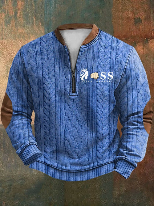 Men's Retro Letter Print Zipper Neck Knit Sweatshirt