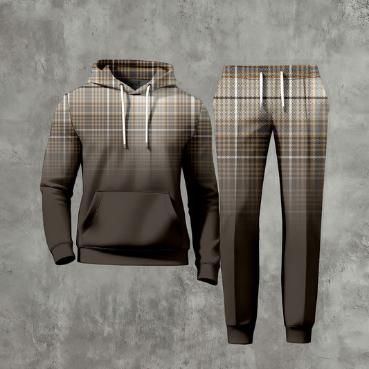 Men's Casual Gradient Checked Printed Long-Sleeve Hoodies Sweatshirt & Trousers Coffee Two-Piece Set