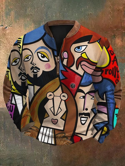 Men's Fashion Casual Art Geometric Print Zipper Neck Sweatshirt