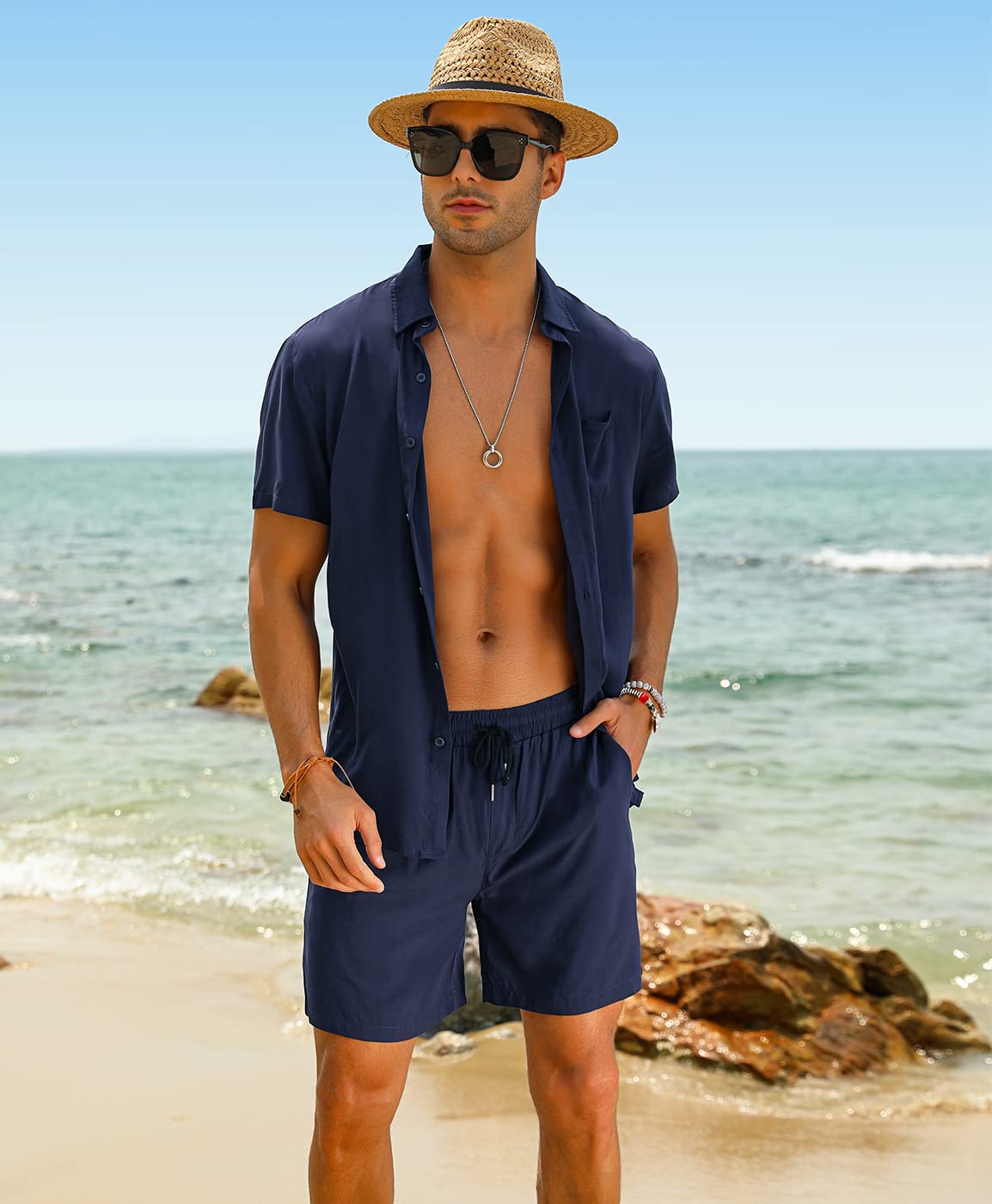 Casual Men's Apricot Vacation Style Shirt & Shorts Set