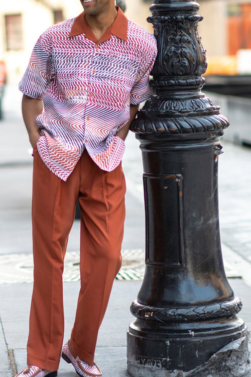 Men's Colorblock Printed  Short Sleeve Shirt Pants Walking Suit 001