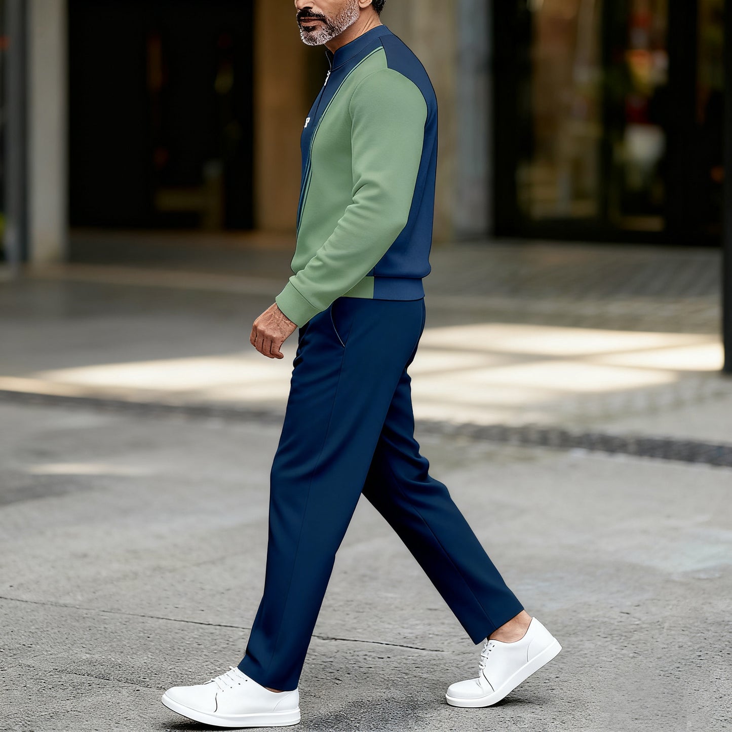 Men's Casual Color Matching Printed Round-Neck Zipper Long Sleeved Trousers Two-Piece Set