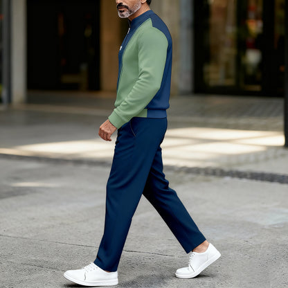 Men's Casual Color Matching Printed Round-Neck Zipper Long Sleeved Trousers Two-Piece Set